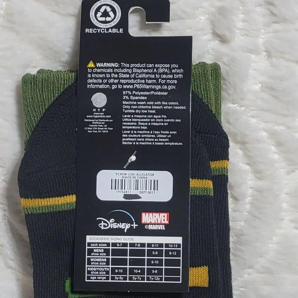 Marvel Disney Loki Alligator Gator Chibi Crew Socks Unisex Size 5-12 New OOS